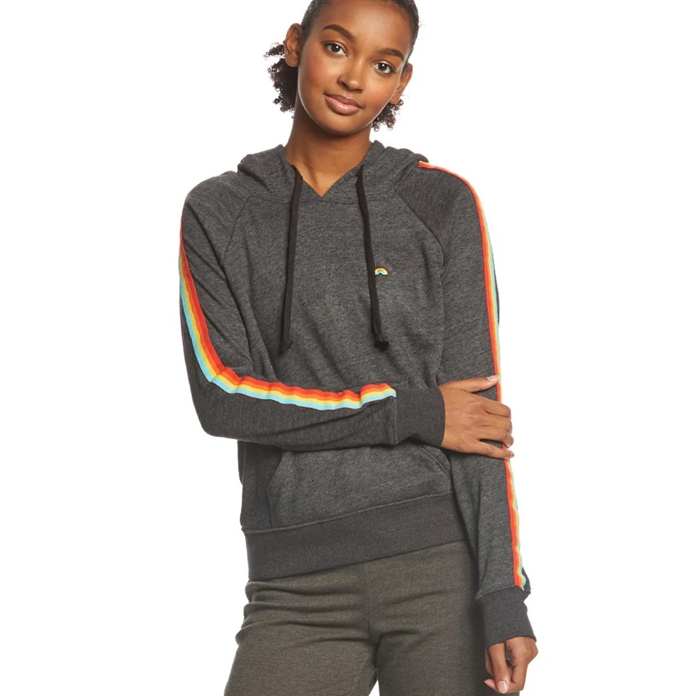 Spiritual Gangster Women's Gray Hoodie with Rainbow Stripes